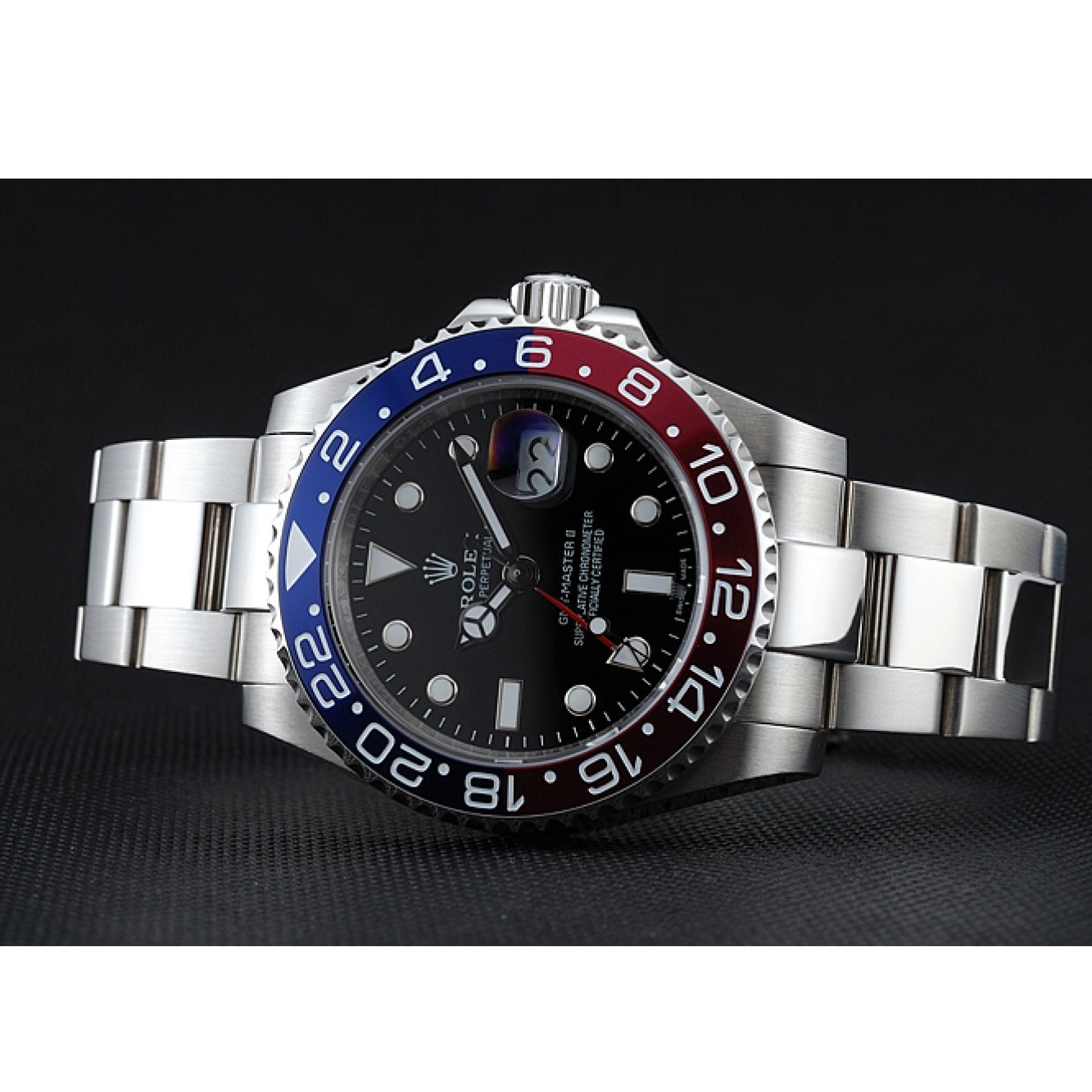 Aaa replica watch Master Watch Rose GMT Blue Black Bezel II Rolex Red Dial 0803